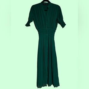 Zara Chiffon Green Ruched Waist Maxi Dress